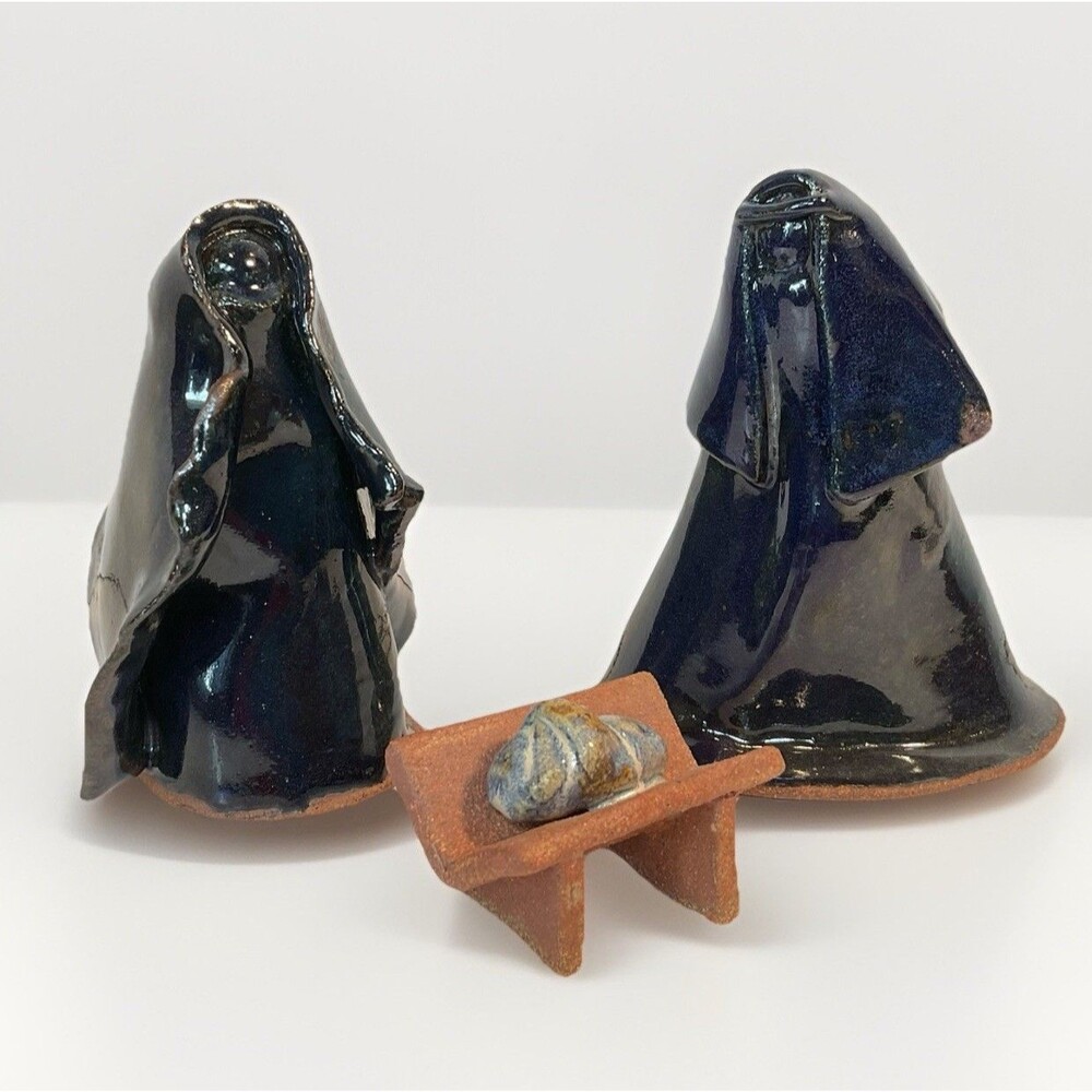 Nativity Scene Holy Family 3 Pcs Hand Made Pottery Folk Art Mary Jesus Religion